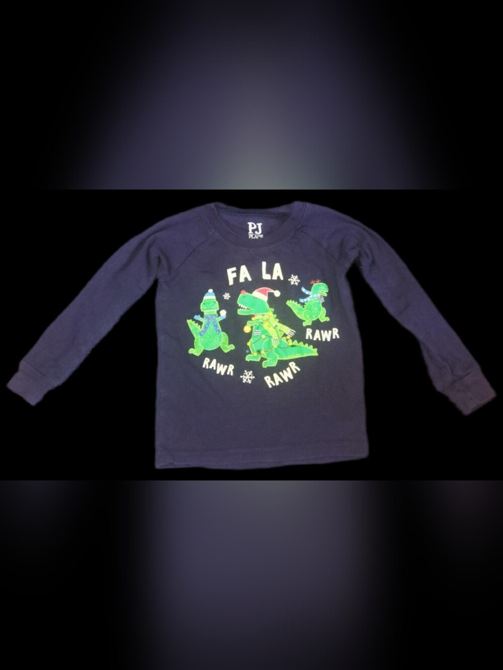 #KCB74 Place Navy Blue Long-Sleeve Holiday Dinosaur 'Fa La Rawr' Tee